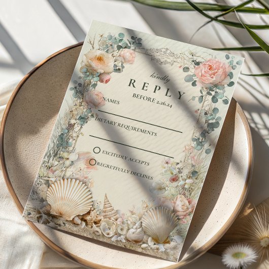 Cartons Réponse Coastal Seashell Botanical Wedding