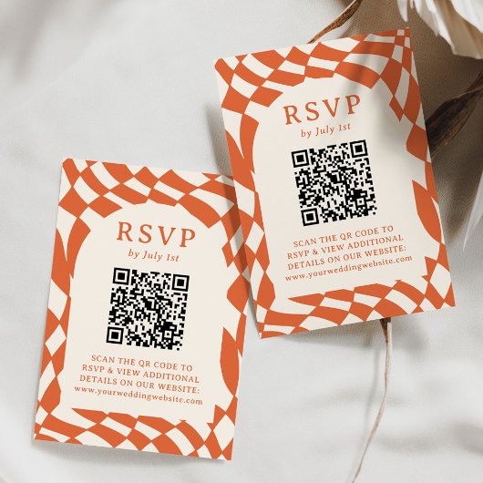 Cartons Réponse Code QR à carreaux orange rétro pour mariage
