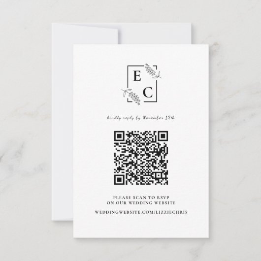 Cartons Réponse Code QR botanique simple noir et blanc monogramme (Devant)