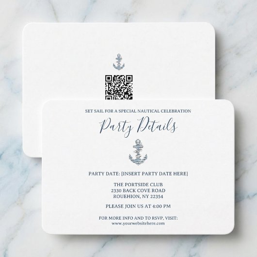 Cartons Réponse Code QR de fête d'anniversaire d'ancre rayée nauti