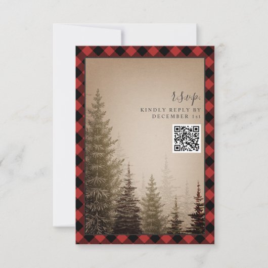 Cartons Réponse Code QR de mariage à carreaux rustique avec arbre (Devant)