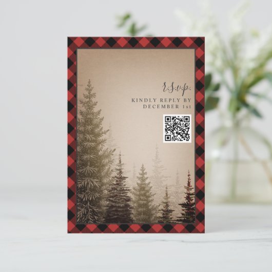 Cartons Réponse Code QR de mariage à carreaux rustique avec arbre (Debout devant)