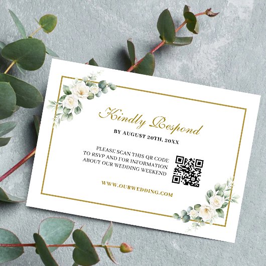 Cartons Réponse Code QR de mariage à la verdure de rose blanche d'