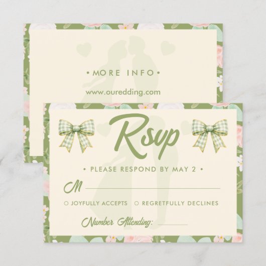 Cartons Réponse Code QR de mariage à ruban gingham vert Wildflower (Devant / Derrière)