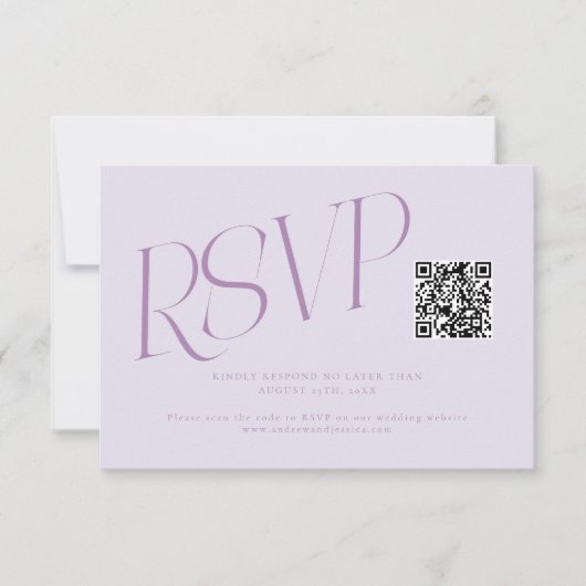 Cartons Réponse Code QR de mariage à typographie moderne lilas (Devant)