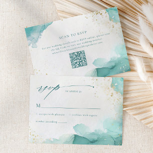 Cartons Réponse Code QR de mariage abstrait sarcelle or sur la pla