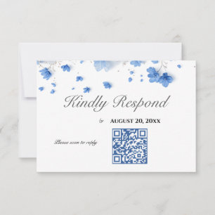 Cartons Réponse Code QR de mariage aux fleurs sauvages bleues tend