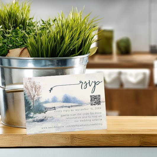 Cartons Réponse Code QR de mariage avec paysage d'hiver rustique e