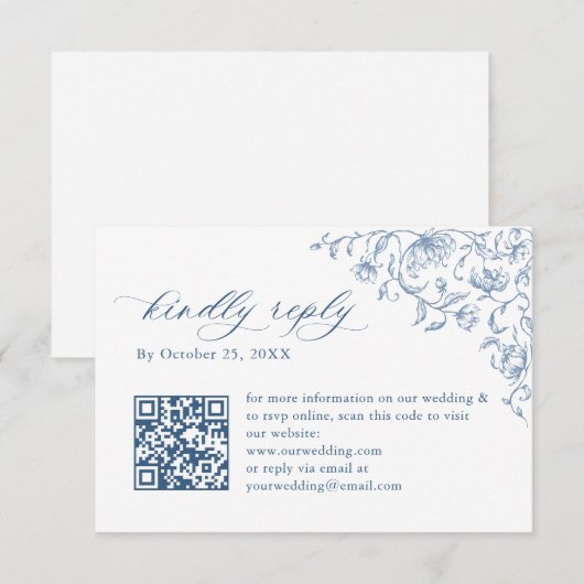 Cartons Réponse Code QR de mariage bleu poussiéreux floral orné vi (Devant / Derrière)