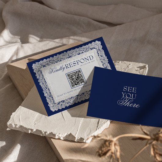 Cartons Réponse Code QR de mariage bleu royale dentelle napperon V