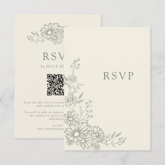 Cartons Réponse Code QR de mariage botanique à la marguerite vert (Devant / Derrière)