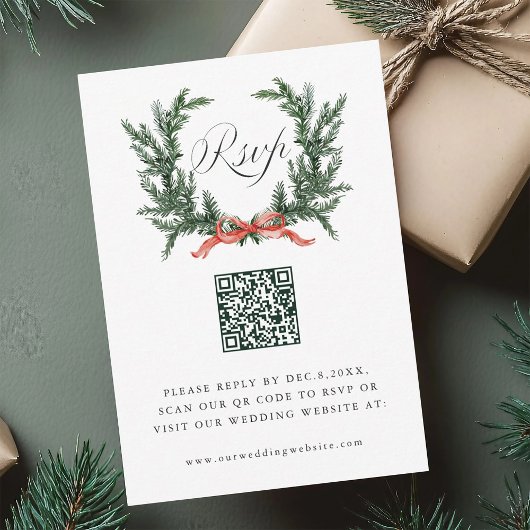 Cartons Réponse Code QR de mariage Couronne de pin toujours vert