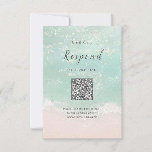 Cartons Réponse Code QR de mariage de plage océanique pétillant Ab (Devant)