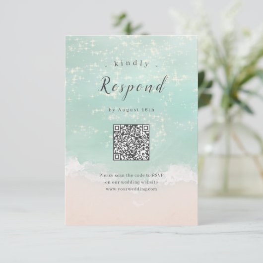 Cartons Réponse Code QR de mariage de plage océanique pétillant Ab (Debout devant)