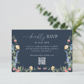 Cartons Réponse Code QR de mariage délicat Boho Wildflower Bleu Nu (Debout devant)