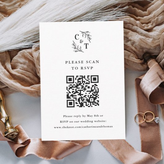 Cartons Réponse Code QR de mariage élégant avec monogramme et feui