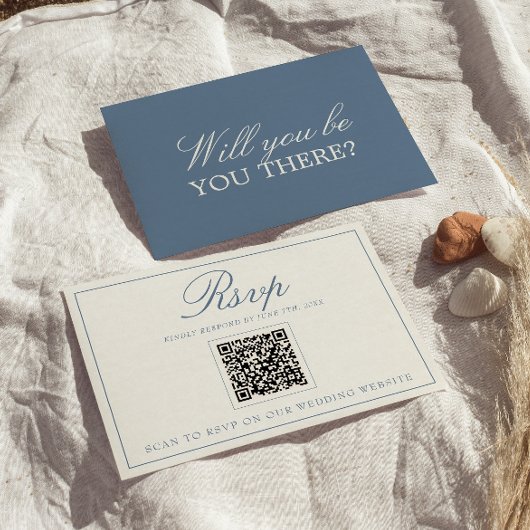 Cartons Réponse Code QR de mariage élégant bleu et blanc à l'ancie
