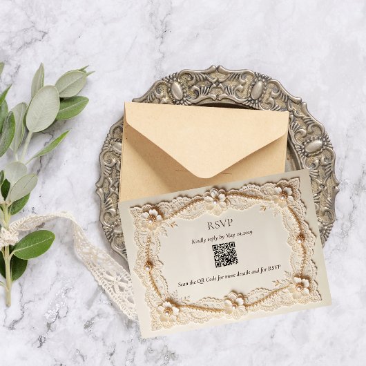 Cartons Réponse Code QR de mariage élégant en dentelle de perles d