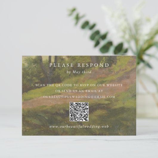 Cartons Réponse Code QR de mariage élégant en forêt rustique (Debout devant)