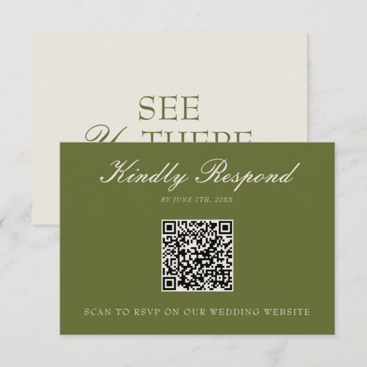 Cartons Réponse Code QR de mariage élégant vert olive d'argent de (Devant / Derrière)