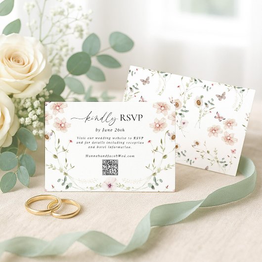Cartons Réponse Code QR de mariage Fleur sauvage délicate