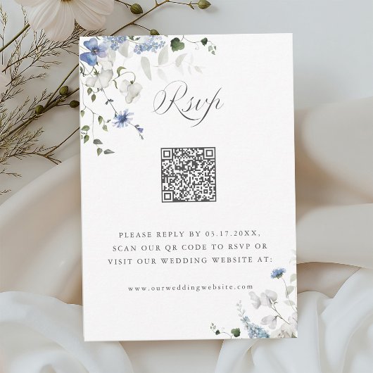 Cartons Réponse Code QR de mariage floral bleu blanc vert aquarell