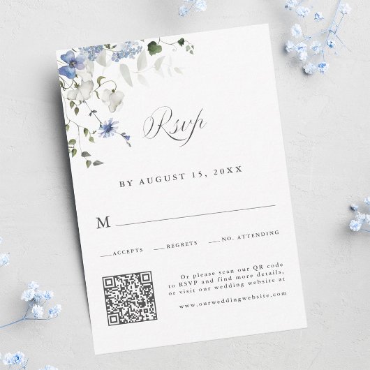 Cartons Réponse Code QR de mariage floral bleu blanc vert élégant