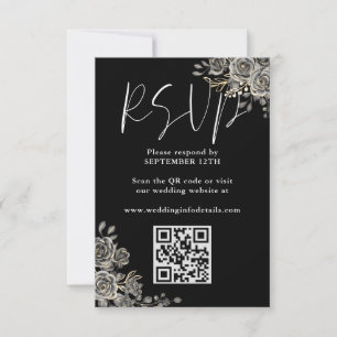 Cartons Réponse Code QR de mariage gothique floral noir et blanc