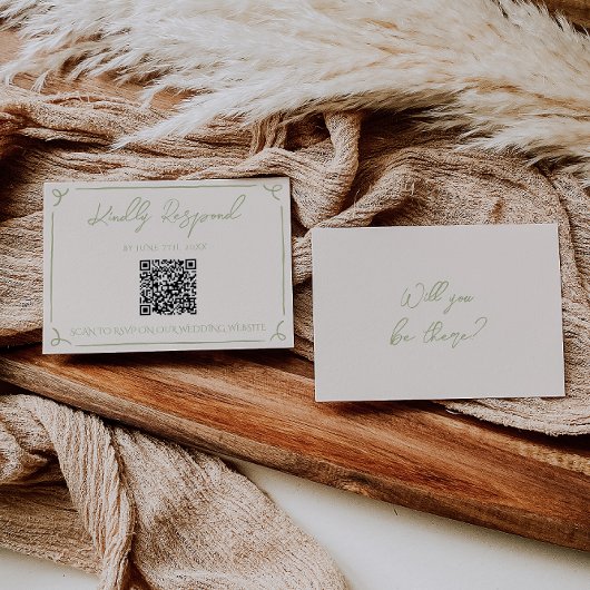 Cartons Réponse Code QR de mariage manuscrit vert olive