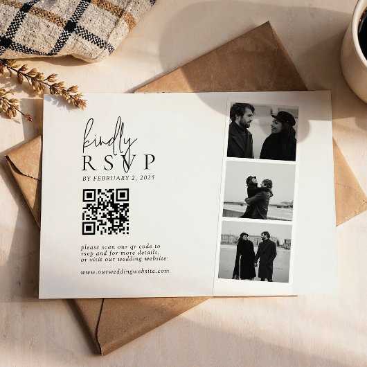 Cartons Réponse Code QR de mariage minimaliste à bandes de photos