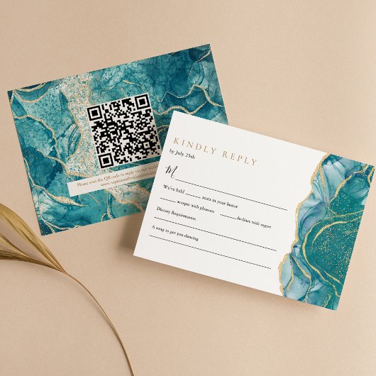 Cartons Réponse Code QR de mariage moderne à l'agate dorée turquoi