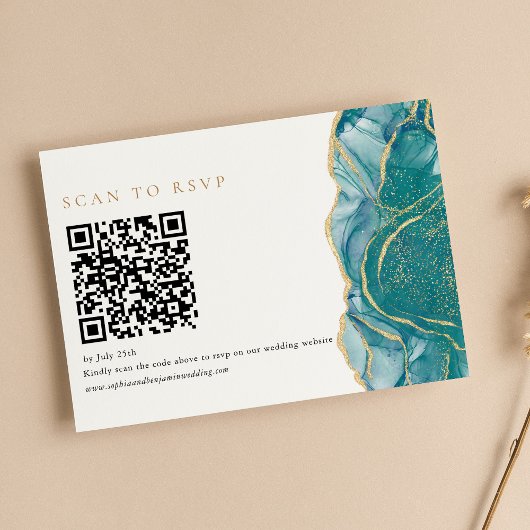 Cartons Réponse Code QR de mariage moderne en agate dorée turquois