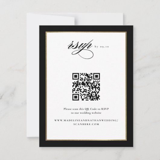 Cartons Réponse Code QR de mariage noir et or Elegant Script (Devant)