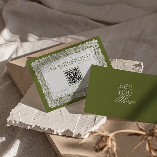 Cartons Réponse Code QR de mariage Olive Green Lace Doily Old Mone