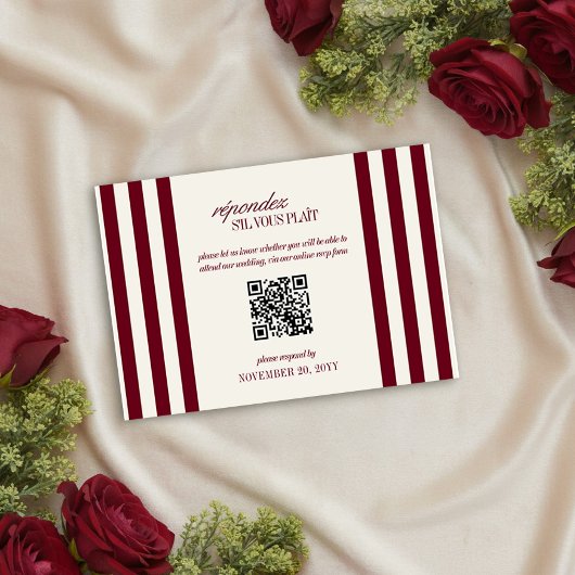 Cartons Réponse Code QR de mariage rayé prépa Bourgogne