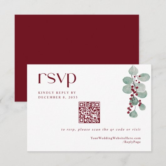 Cartons Réponse Code QR de mariage simple de vacances de Bourgogne (Devant / Derrière)