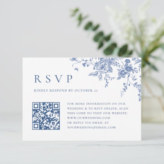 Cartons Réponse Code QR de mariage simple élégant bleu jardin fran (Debout devant)