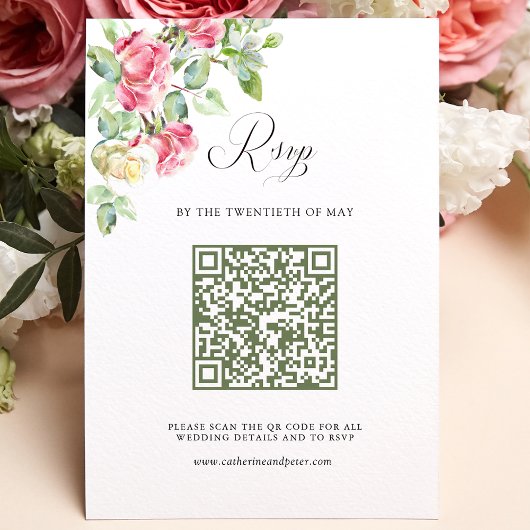 Cartons Réponse Code QR de Roses à l'aquarelle Rose Fardé Mariage