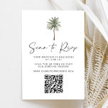 Cartons Réponse Code QR du Mariage de palmier minimal<br><div class="desc">Carte RSVP de mariage tropical avec une illustration d'un seul palmier en haut du design avec un arrière - plan blanc. "Analyser vers RSVP" s'affiche dans un script manuscrit noir avec la date de réponse souhaitée, les instructions de code QR et le site Web du mariage. Ajoutez votre site Web...</div>