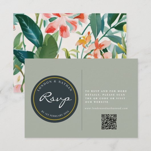 Cartons Réponse Code QR du Mariage floral botanique dynamique (Devant / Derrière)