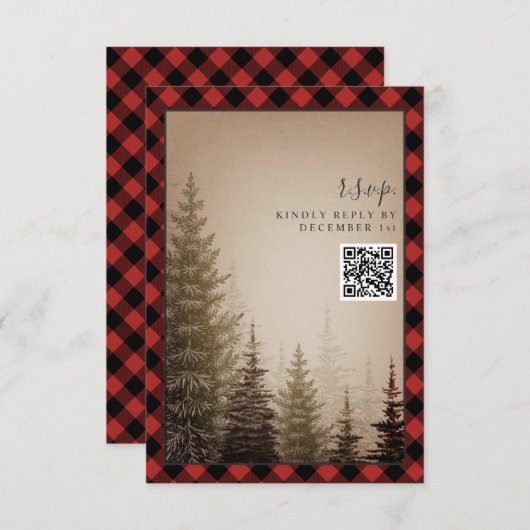 Cartons Réponse Code QR du Mariage Rustic Plaid Brown À feuillage  (Devant / Derrière)