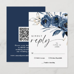 Cartons Réponse Code QR Écriture Élégante Bleu Marine Floral Maria