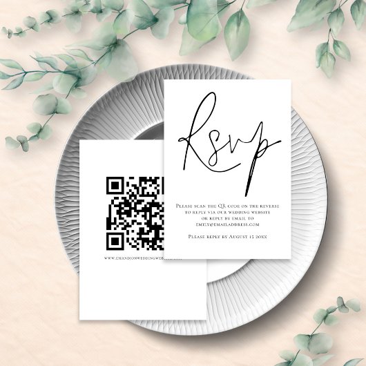 Cartons Réponse Code QR écriture élégante Mariage Noir Blanc