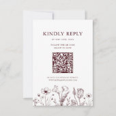 Cartons Réponse Code QR Élégant Fleurs Bordeaux pour Mariage (Devant)