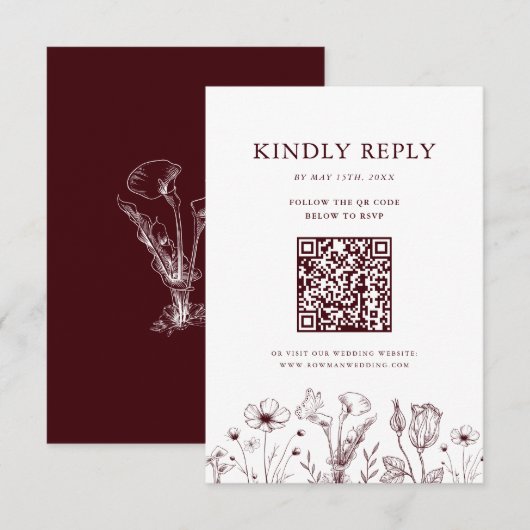 Cartons Réponse Code QR Élégant Fleurs Bordeaux pour Mariage (Devant / Derrière)