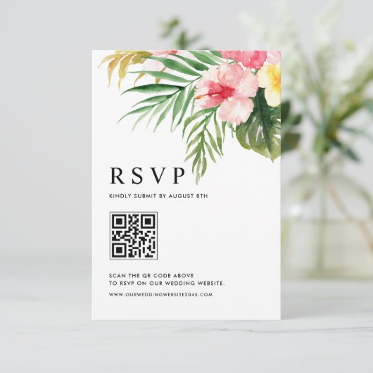 Cartons Réponse Code QR Fleurs Tropicales Aquarelle Mariage (Debout devant)