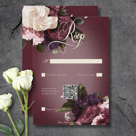 Cartons Réponse Code QR floral foncé élégant bordeaux & crème flou