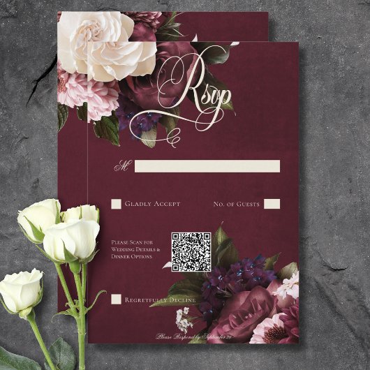 Cartons Réponse Code QR floral foncé et bordeaux et crème