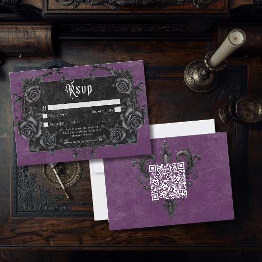 Cartons Réponse Code QR Gothique Noir Corbeau & Roses Violettes