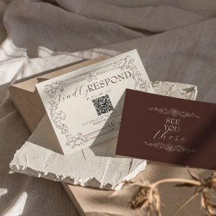 Cartons Réponse Code QR Mariage Brun Floral Argent Ancien